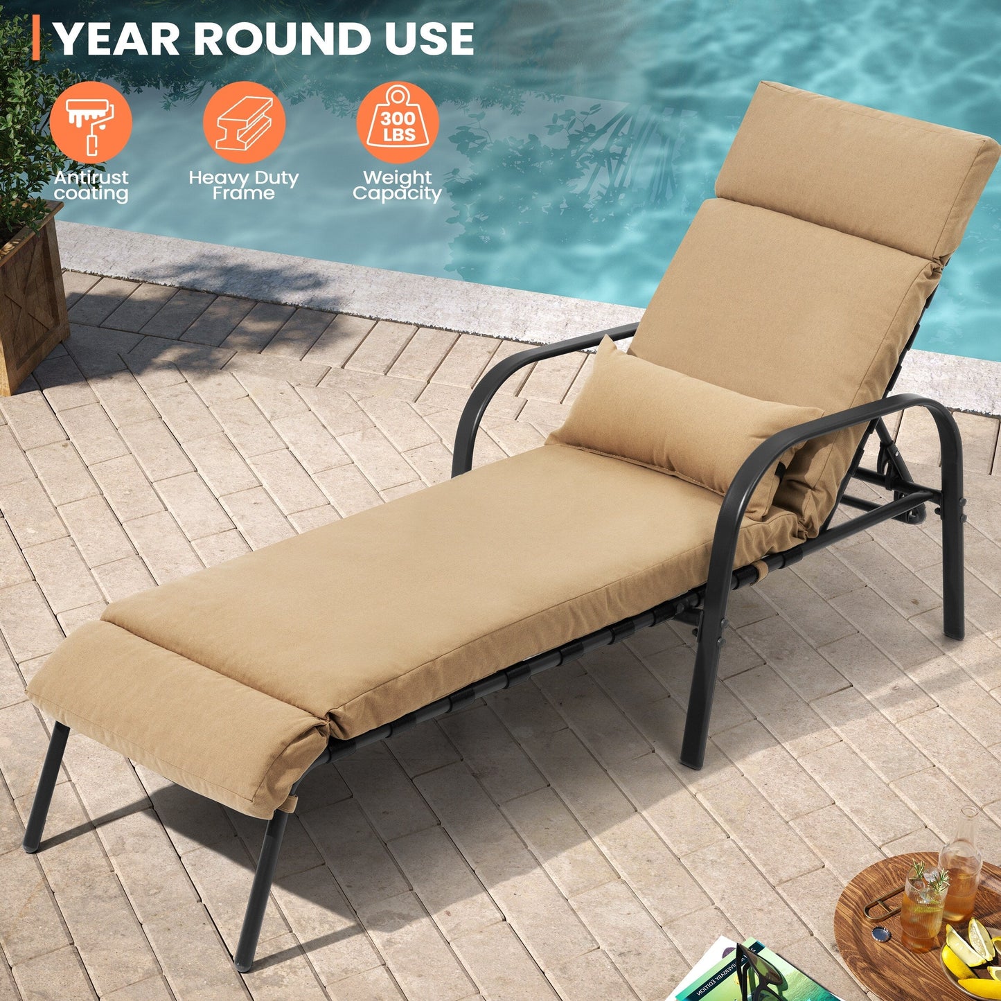 Chaise longue d'extérieur réglable avec coussin pour patio, plage, piscine
