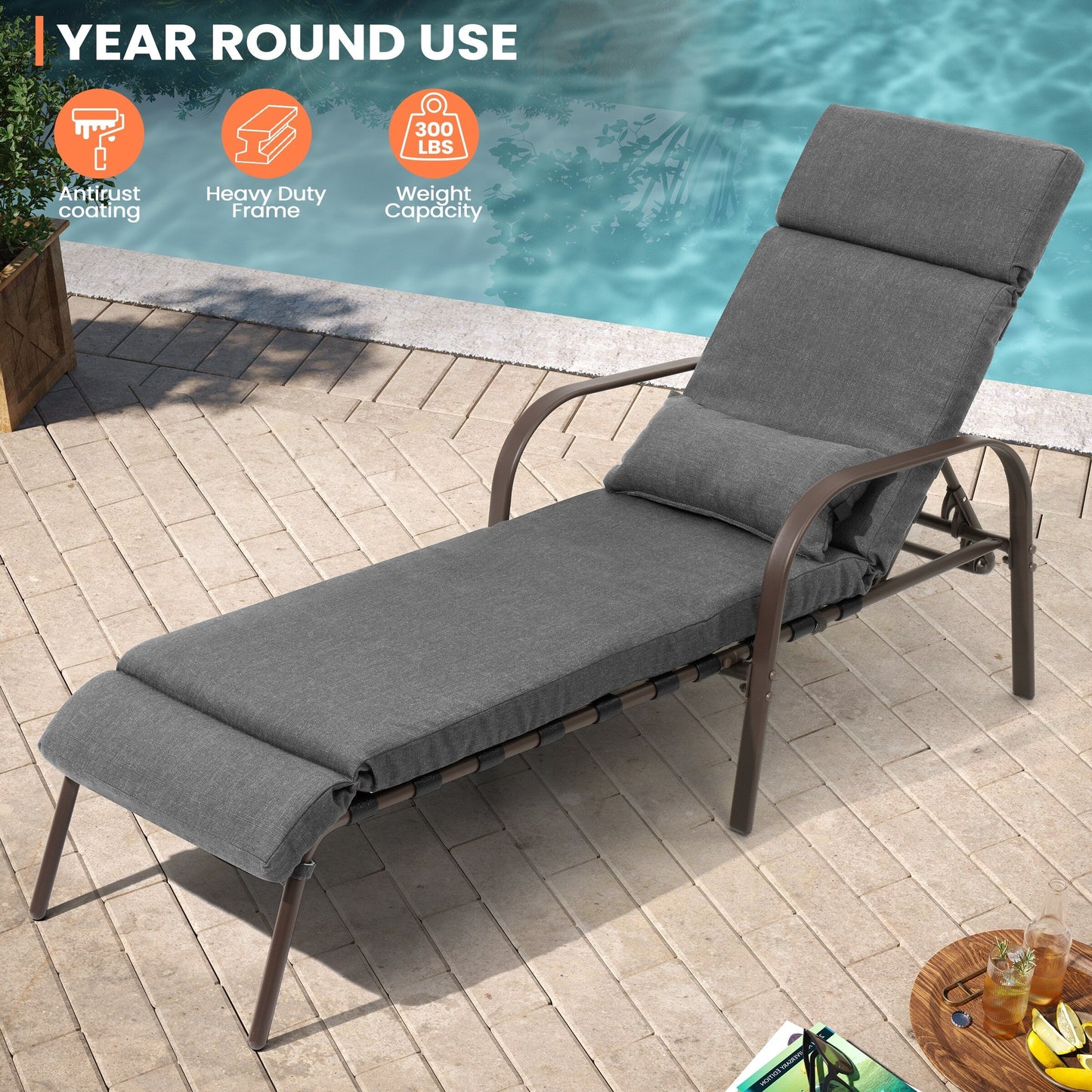 Chaise longue d'extérieur réglable avec coussin pour patio, plage, piscine