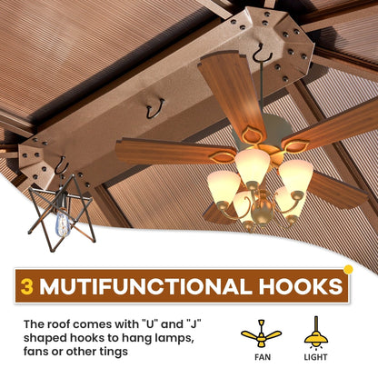 Gazebo à toit rigide EROMMY, pergola d'extérieur avec double toit, filet et rideaux, auvent robuste pour patio, arrière-cour, fête au bord de la piscine