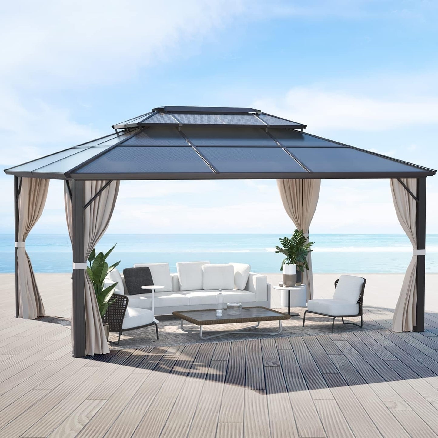 Gazebo à toit rigide EROMMY, pergola d'extérieur avec double toit, filet et rideaux, auvent robuste pour patio, arrière-cour, fête au bord de la piscine