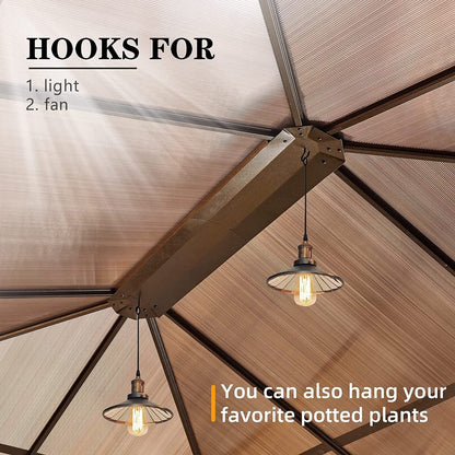 Gazebo à toit rigide EROMMY, pergola d'extérieur avec double toit, filet et rideaux, auvent robuste pour patio, arrière-cour, fête au bord de la piscine