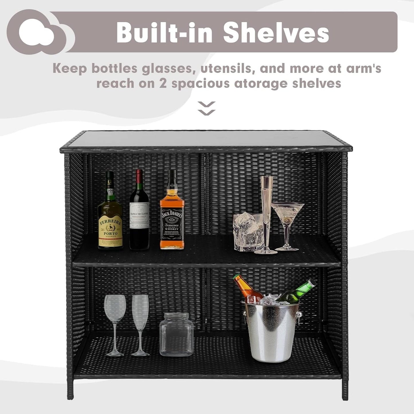 Ensemble de bar d'extérieur en osier 3 pièces, 2 tabourets de bar et 1 table en verre avec étagères de rangement