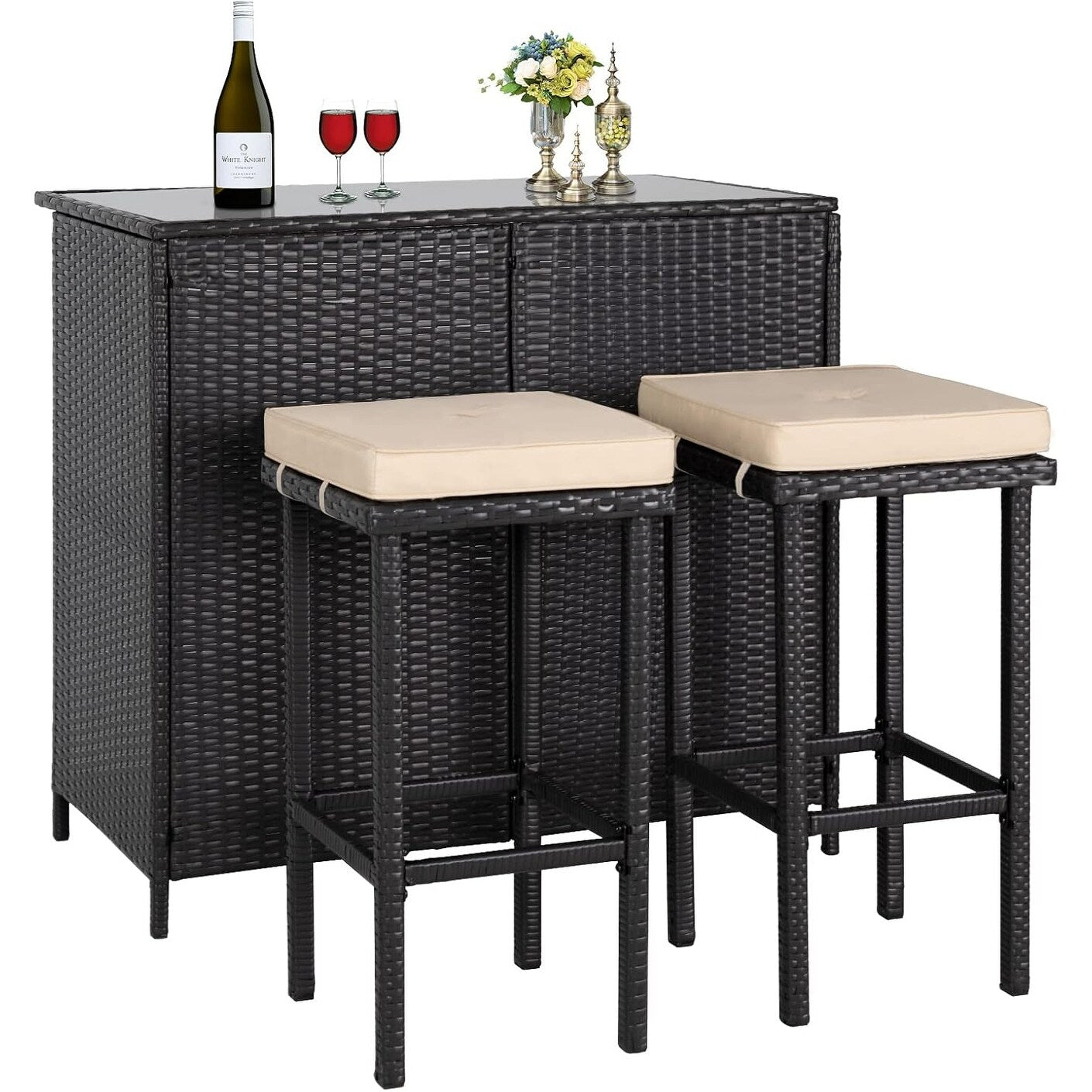 Ensemble de bar d'extérieur en osier 3 pièces, 2 tabourets de bar et 1 table en verre avec étagères de rangement