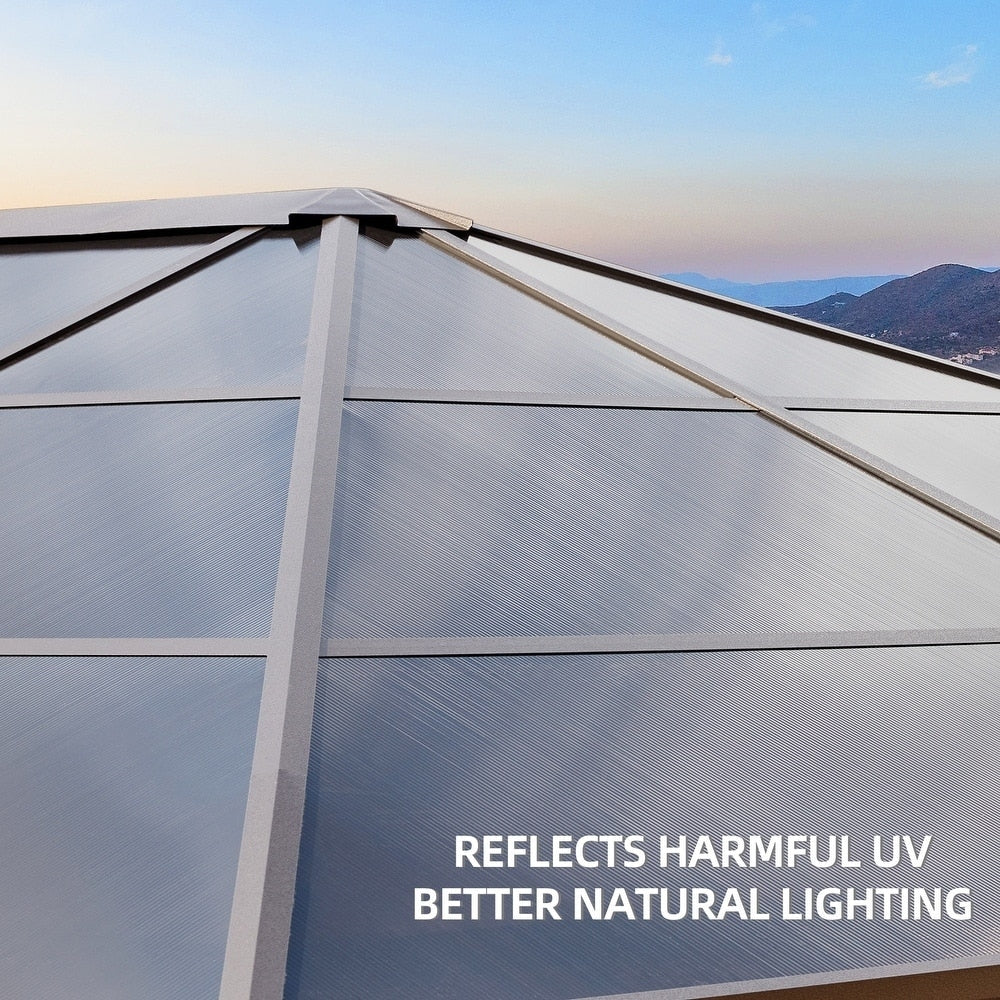 Tonnelle à toit rigide pour jardin – Pergola permanente avec filet, rideaux et double toit, abri extérieur toutes saisons