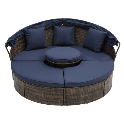Lit de repos rond en rotin pour extérieur avec table basse relevable, canapé-lit profond bleu marine avec oreillers et coussins lavables