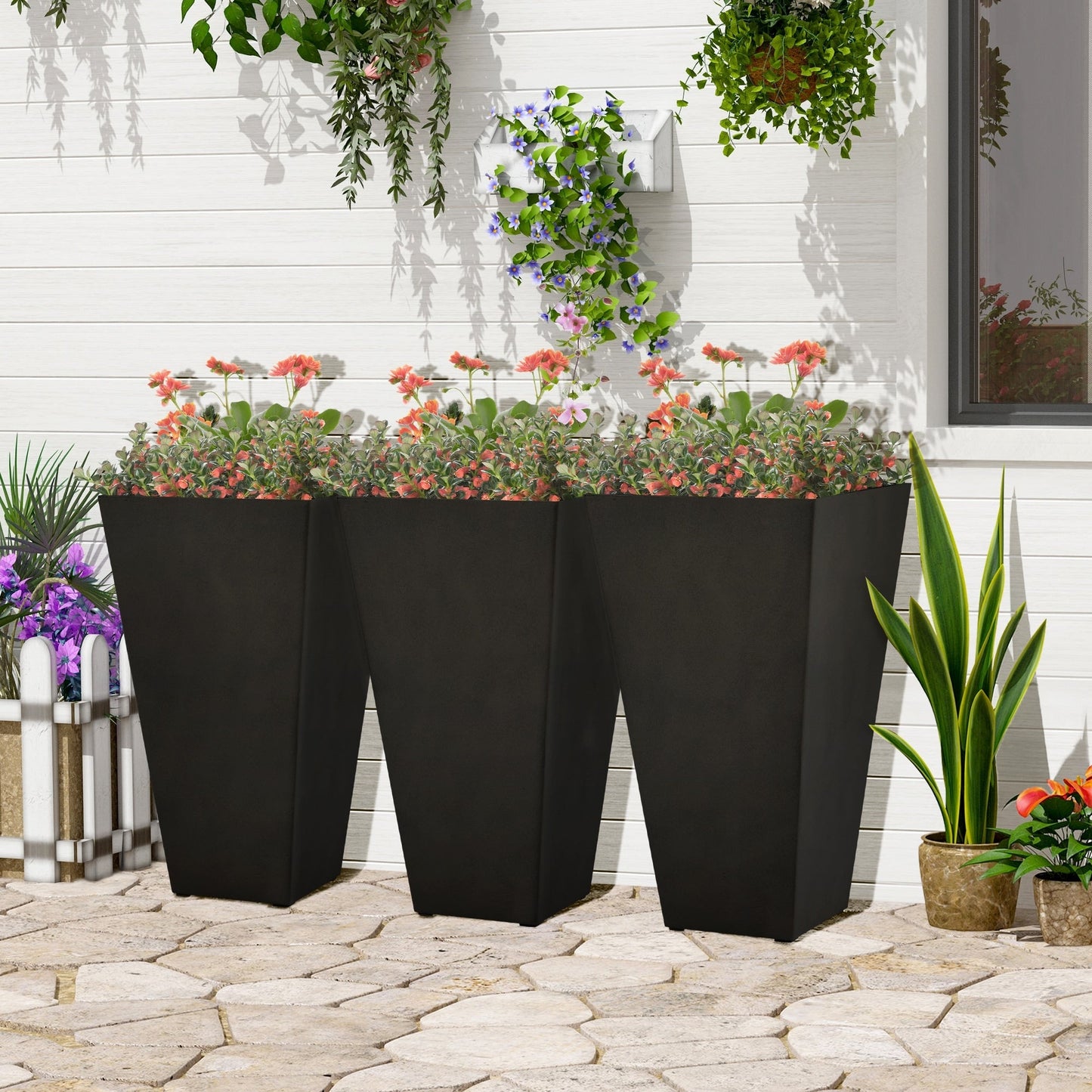 Lot de 3 grands pots de fleurs en plastique Outsunny 28 cm, pour l'intérieur et l'extérieur, pour l'entrée, la terrasse et la cour.