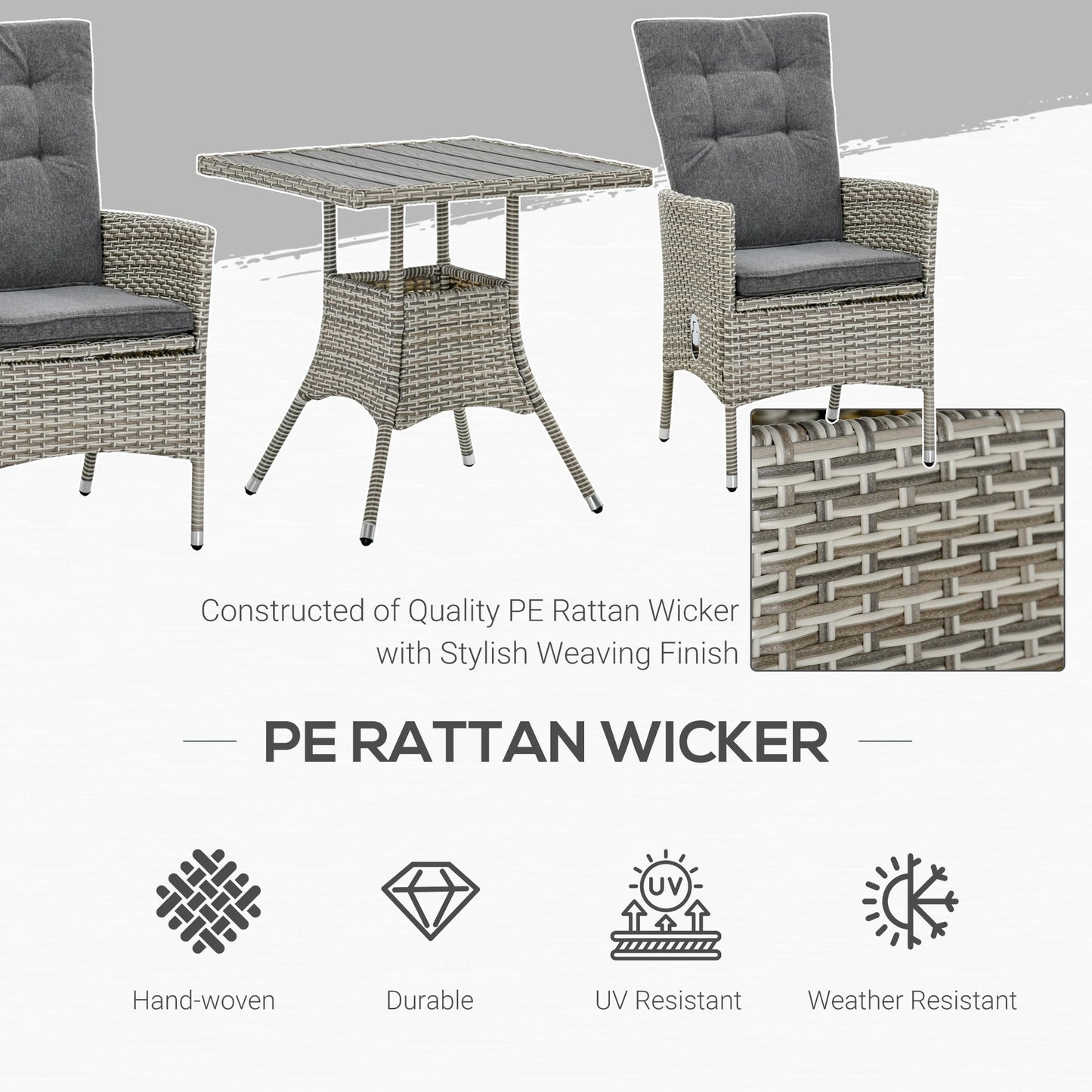 Ensemble de canapés 3 pièces Outsunny pour patio en rotin synthétique, chaises inclinables d'extérieur, table basse avec plateau en plastique grain de bois