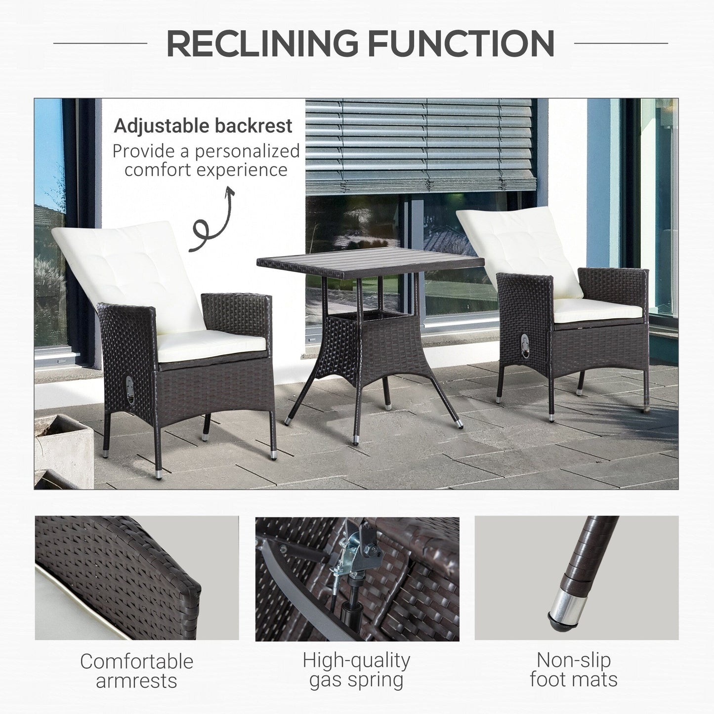 Ensemble de canapés 3 pièces Outsunny pour patio en rotin synthétique, chaises inclinables d'extérieur, table basse avec plateau en plastique grain de bois