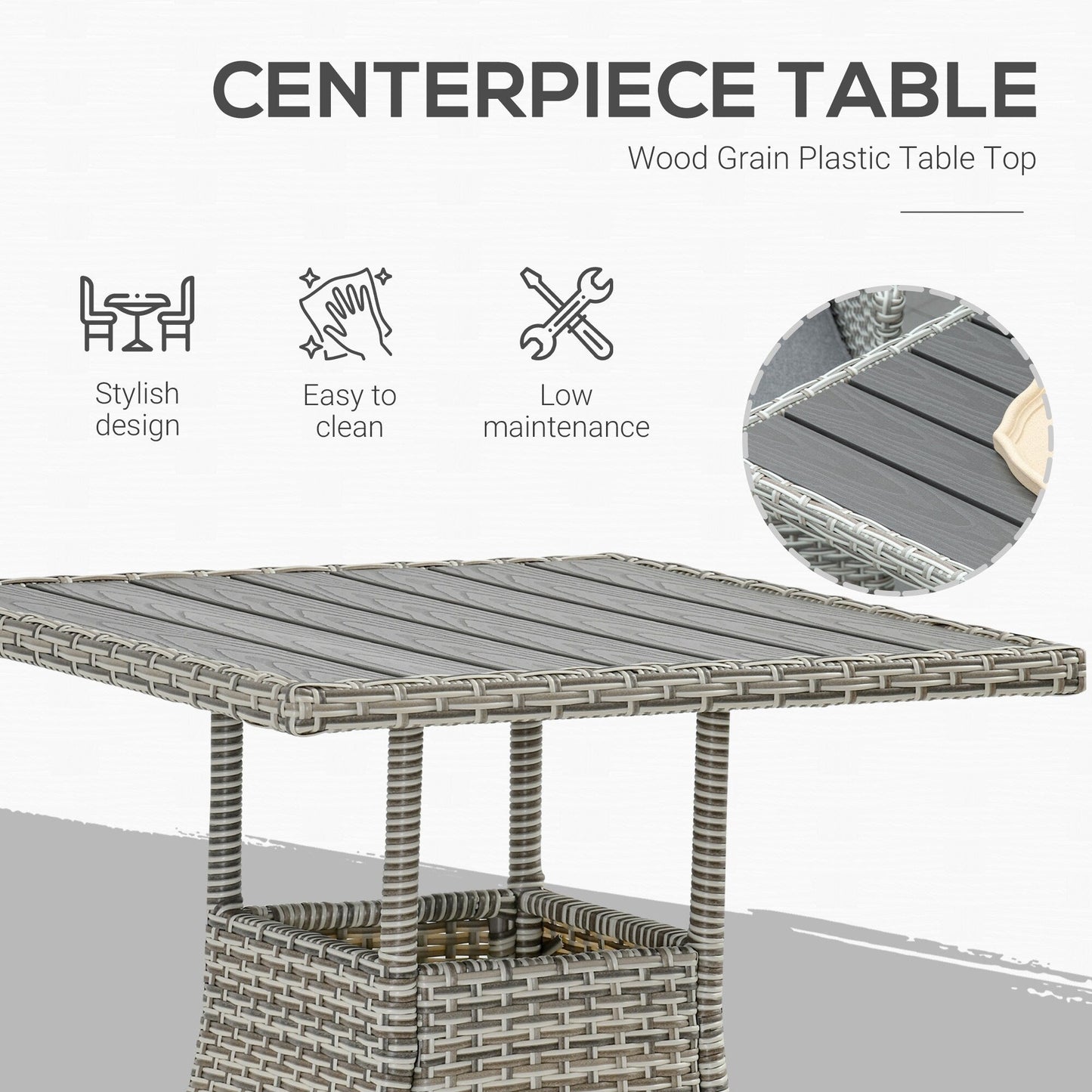 Ensemble de canapés 3 pièces Outsunny pour patio en rotin synthétique, chaises inclinables d'extérieur, table basse avec plateau en plastique grain de bois