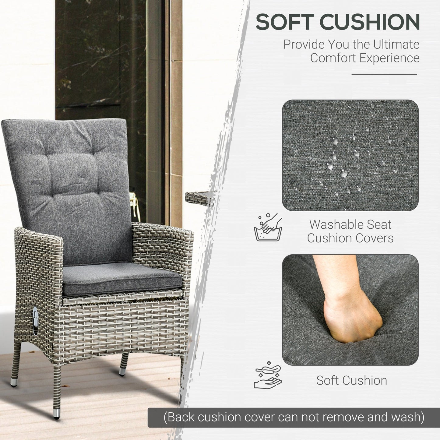 Ensemble de canapés 3 pièces Outsunny pour patio en rotin synthétique, chaises inclinables d'extérieur, table basse avec plateau en plastique grain de bois