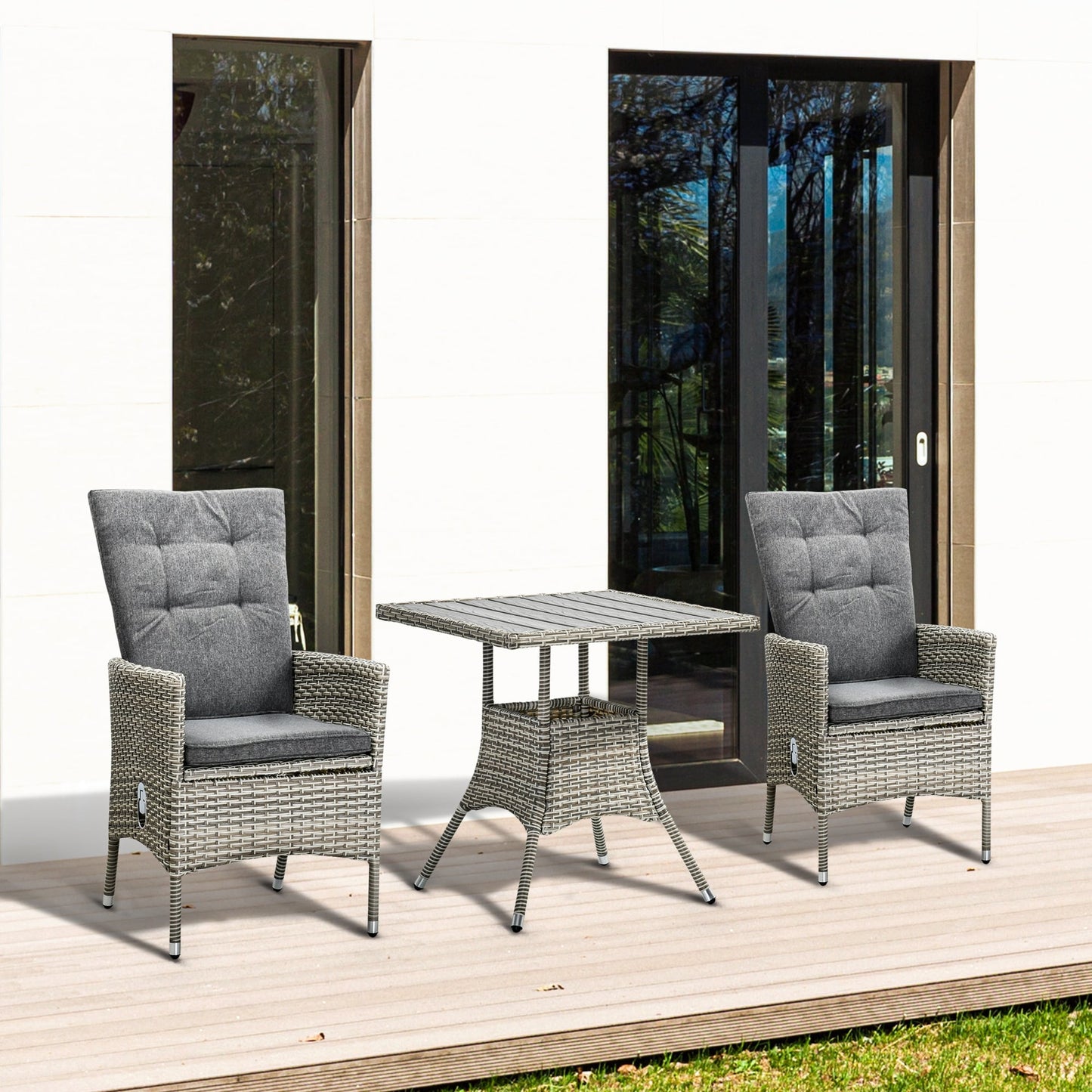 Ensemble de canapés 3 pièces Outsunny pour patio en rotin synthétique, chaises inclinables d'extérieur, table basse avec plateau en plastique grain de bois