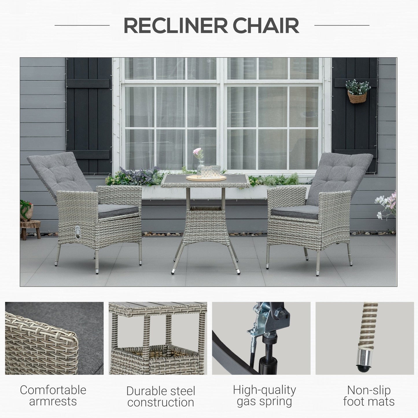 Ensemble de canapés 3 pièces Outsunny pour patio en rotin synthétique, chaises inclinables d'extérieur, table basse avec plateau en plastique grain de bois