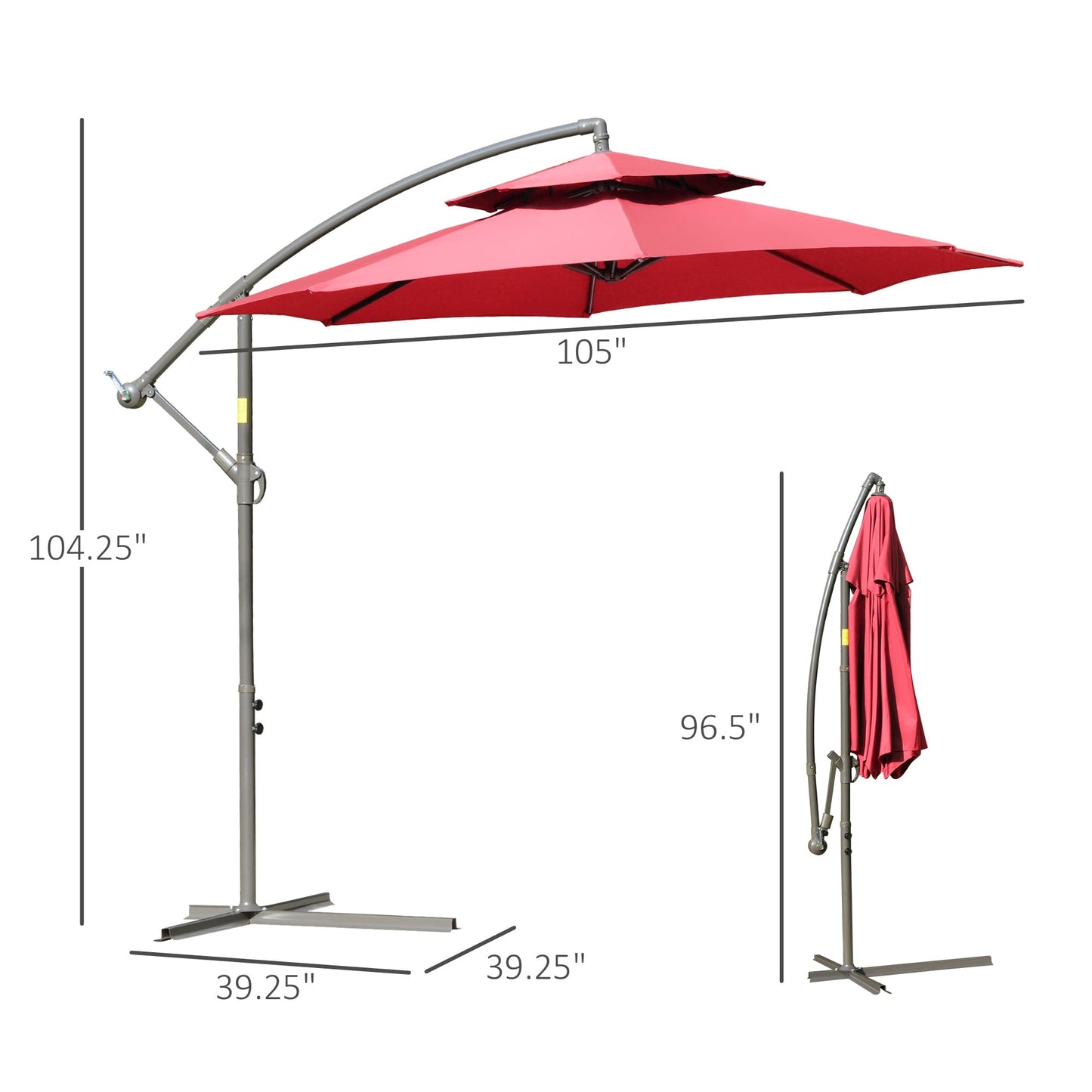 Parasol déporté Outsunny 9' à 2 niveaux avec manivelle, base croisée et 8 baleines, parasol de jardin excentré