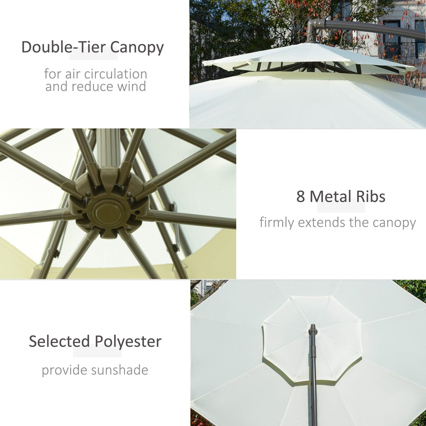 Parasol déporté Outsunny 9' à 2 niveaux avec manivelle, base croisée et 8 baleines, parasol de jardin excentré