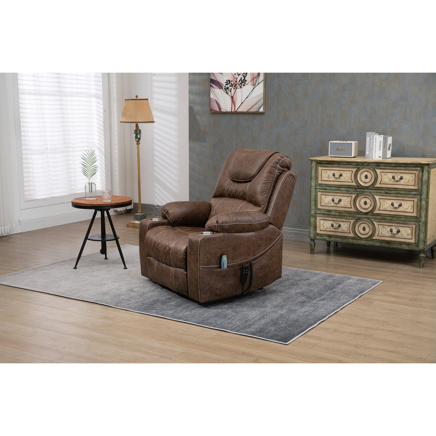 Fauteuil inclinable électrique surdimensionné en cuir PU avec fonction massage, chauffage lombaire, porte-gobelet et inclinaison à 180°