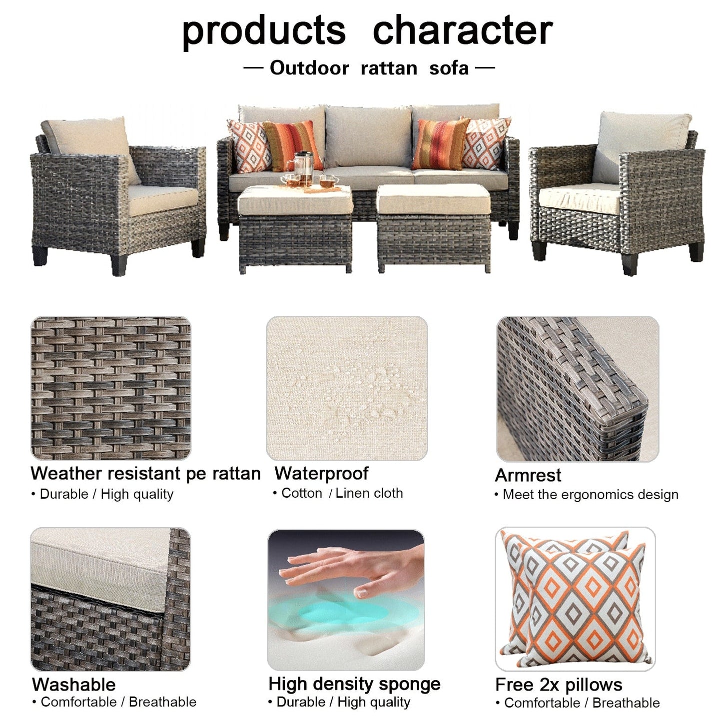 Ensemble de 5 sièges de jardin en osier à dossier haut OVIOS