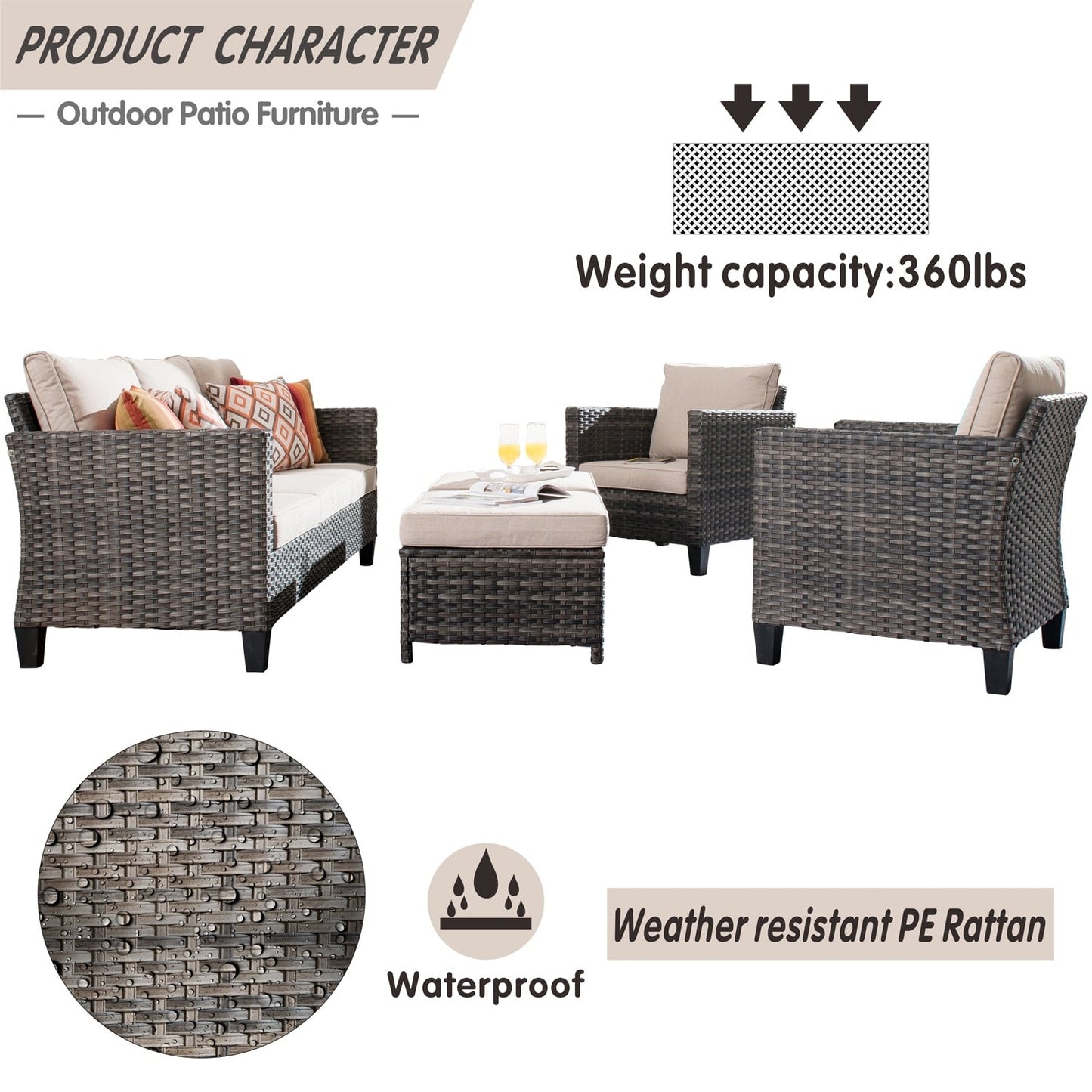 Ensemble de 5 sièges de jardin en osier à dossier haut OVIOS