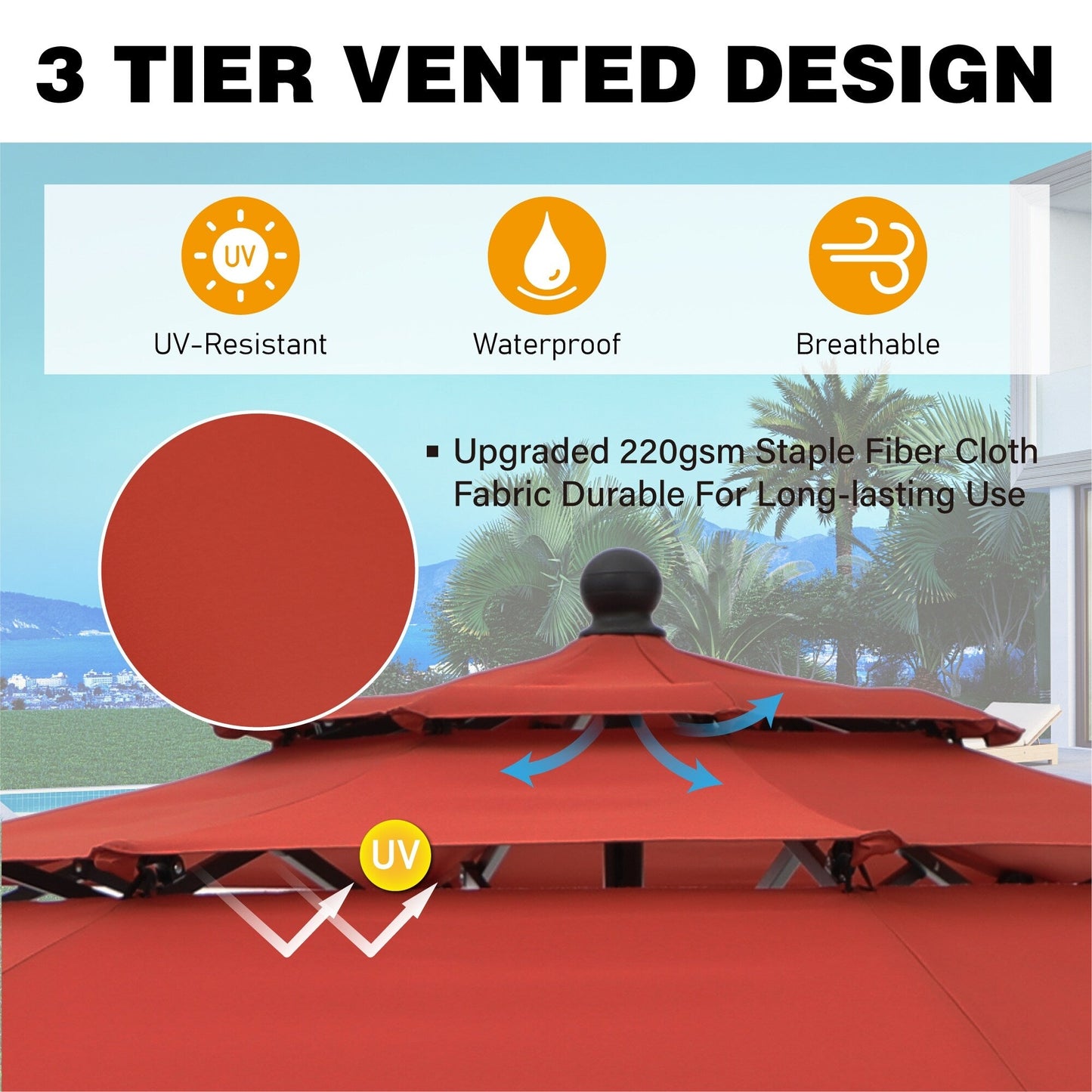 Parasol d'extérieur MAISON ARTS de 3 m (10 pi) à 3 niveaux, compatible avec la plupart des tables de patio, avec ventilation, inclinaison automatique et manivelle.