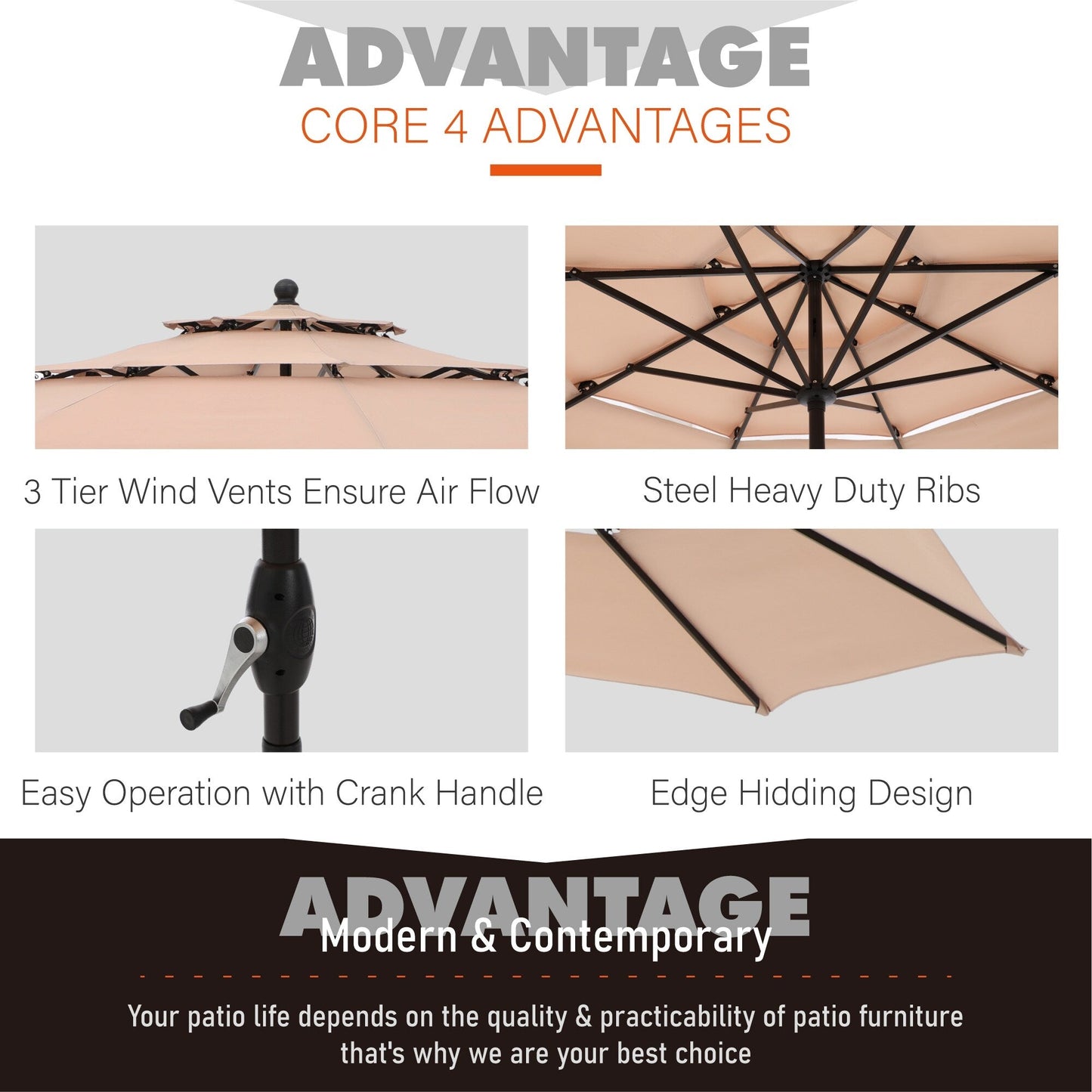 Parasol d'extérieur MAISON ARTS de 3 m (10 pi) à 3 niveaux, compatible avec la plupart des tables de patio, avec ventilation, inclinaison automatique et manivelle.