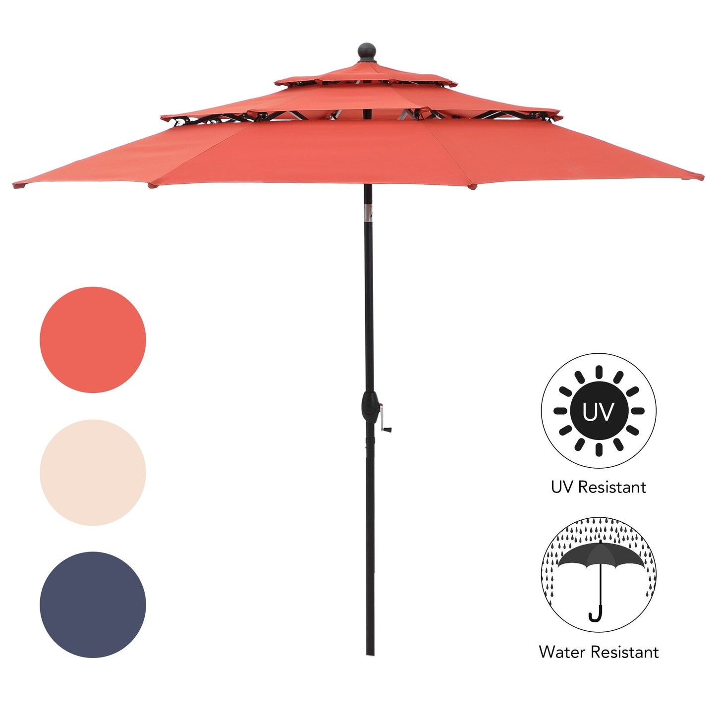 Parasol d'extérieur MAISON ARTS de 3 m (10 pi) à 3 niveaux, compatible avec la plupart des tables de patio, avec ventilation, inclinaison automatique et manivelle.