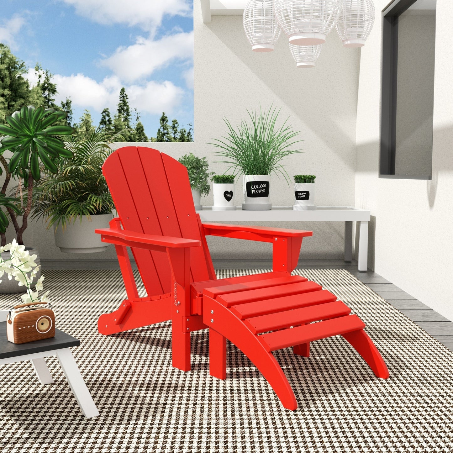 Chaise Adirondack pliable Polytrends Laguna en PEHD pour terrasse extérieure toutes saisons avec pouf (ensemble 2 pièces)