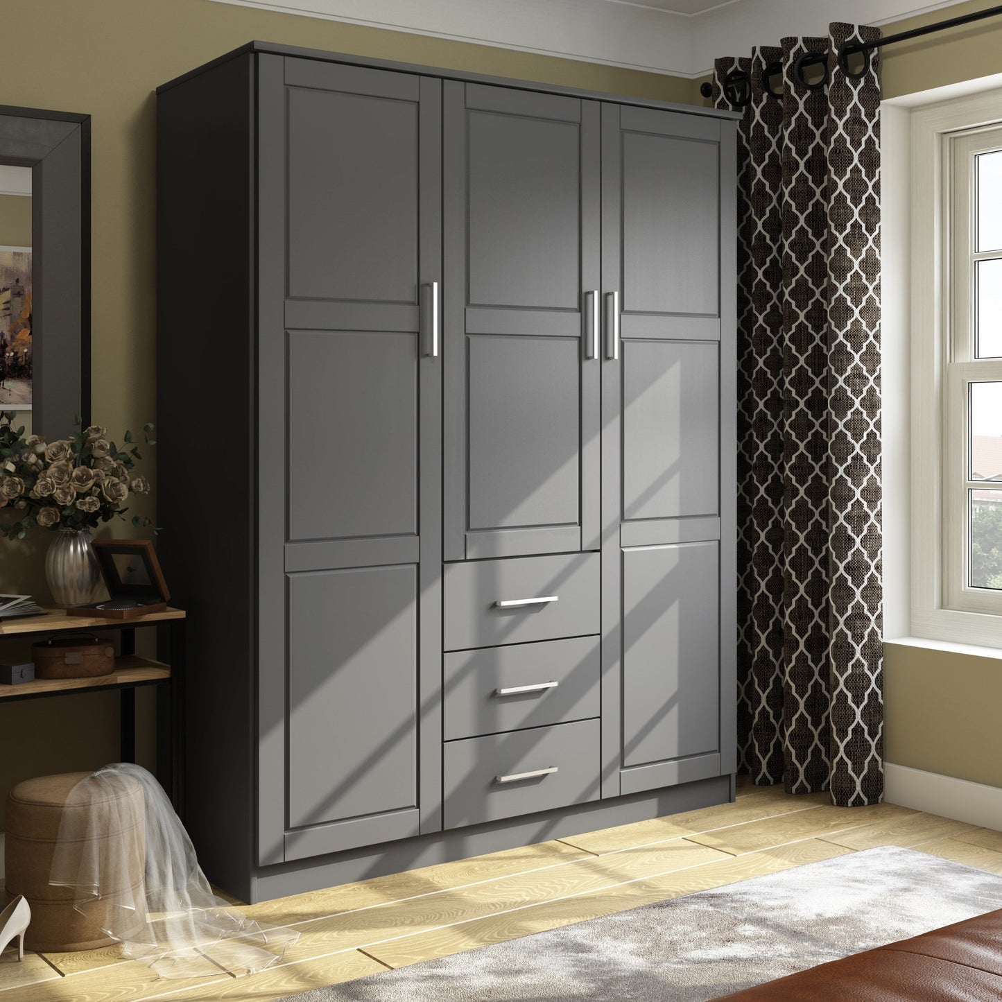 Armoire penderie Cosmo 3 portes 100 % bois massif de Palace Imports avec portes en bois massif ou en miroir