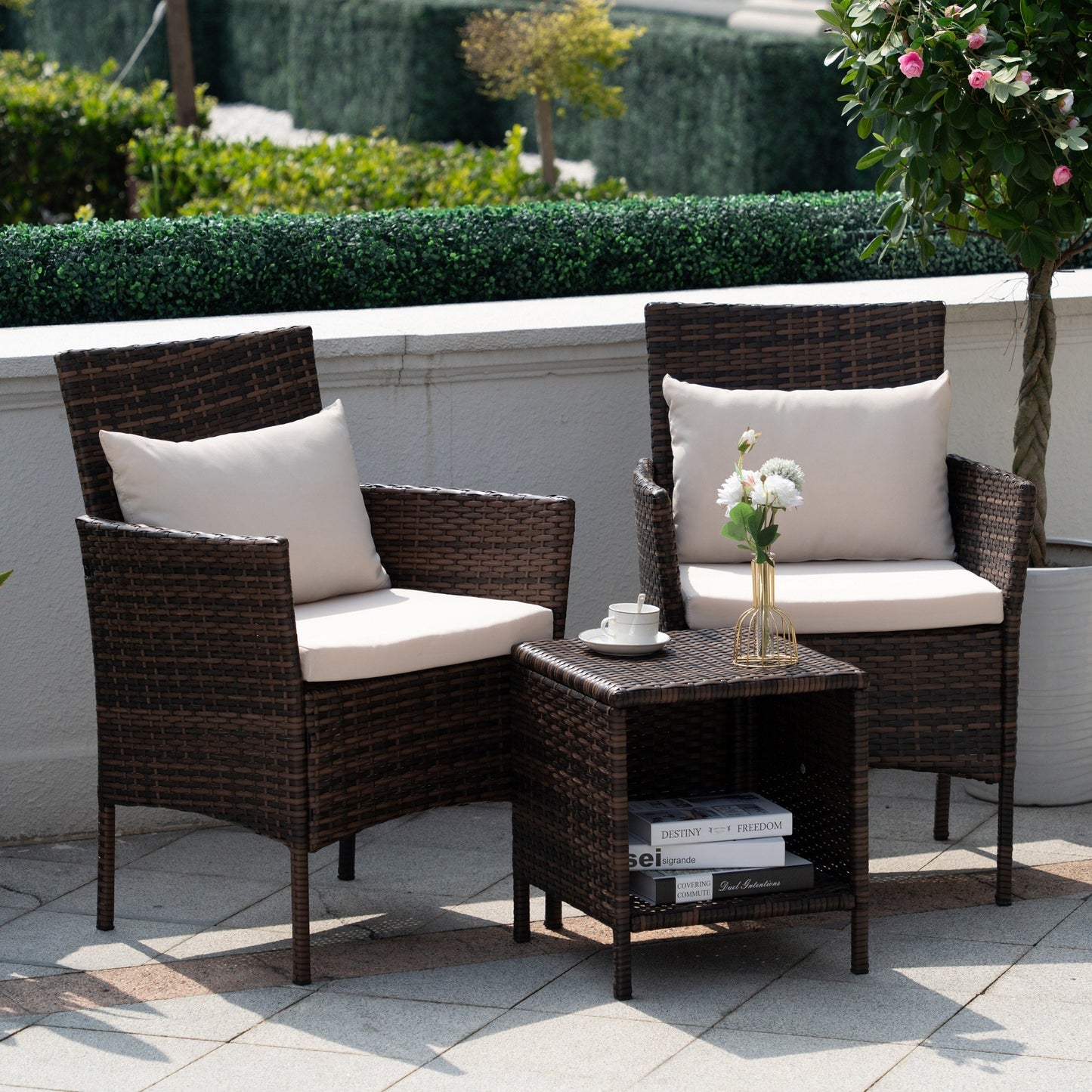 Ensemble de bistrot de conversation 3 pièces pour patio, meubles de conversation d'extérieur, chaises en osier et table de rangement, ensemble de meubles de balcon pour porche