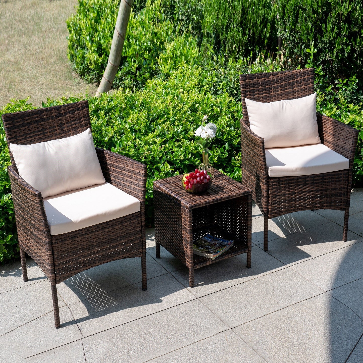 Ensemble de bistrot de conversation 3 pièces pour patio, meubles de conversation d'extérieur, chaises en osier et table de rangement, ensemble de meubles de balcon pour porche