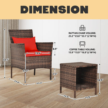 Ensemble de bistrot de conversation 3 pièces pour patio, meubles de conversation d'extérieur, chaises en osier et table de rangement, ensemble de meubles de balcon pour porche