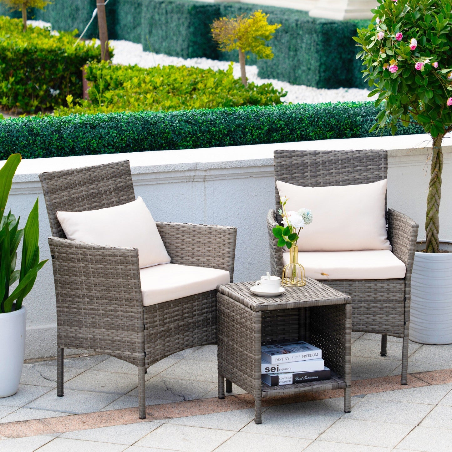 Ensemble de bistrot de conversation 3 pièces pour patio, meubles de conversation d'extérieur, chaises en osier et table de rangement, ensemble de meubles de balcon pour porche