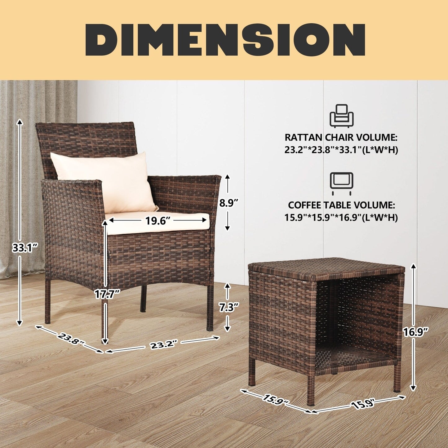 Ensemble de bistrot de conversation 3 pièces pour patio, meubles de conversation d'extérieur, chaises en osier et table de rangement, ensemble de meubles de balcon pour porche
