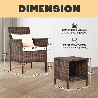 Ensemble de bistrot de conversation 3 pièces pour patio, meubles de conversation d'extérieur, chaises en osier et table de rangement, ensemble de meubles de balcon pour porche