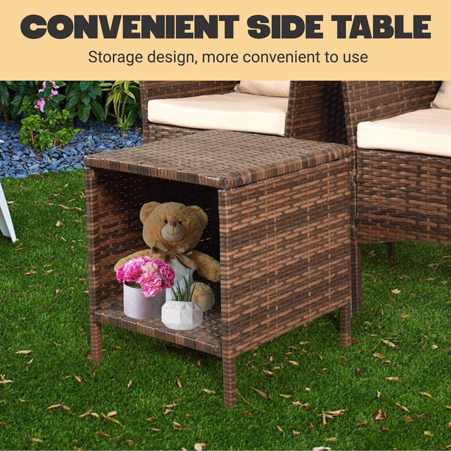 Ensemble de bistrot de conversation 3 pièces pour patio, meubles de conversation d'extérieur, chaises en osier et table de rangement, ensemble de meubles de balcon pour porche