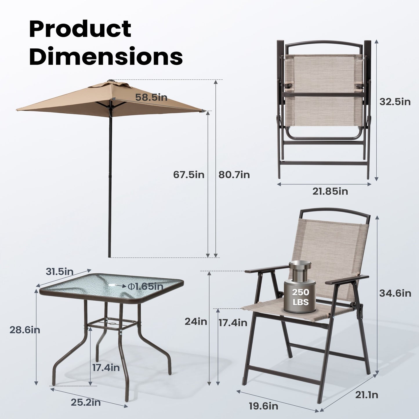 Ensemble de patio Pellebant 6 pièces avec table, parasol et 4 chaises pliantes – 22,4 l x 26,8 p x 34,4 h