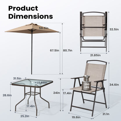 Ensemble de patio Pellebant 6 pièces avec table, parasol et 4 chaises pliantes – 22,4 l x 26,8 p x 34,4 h