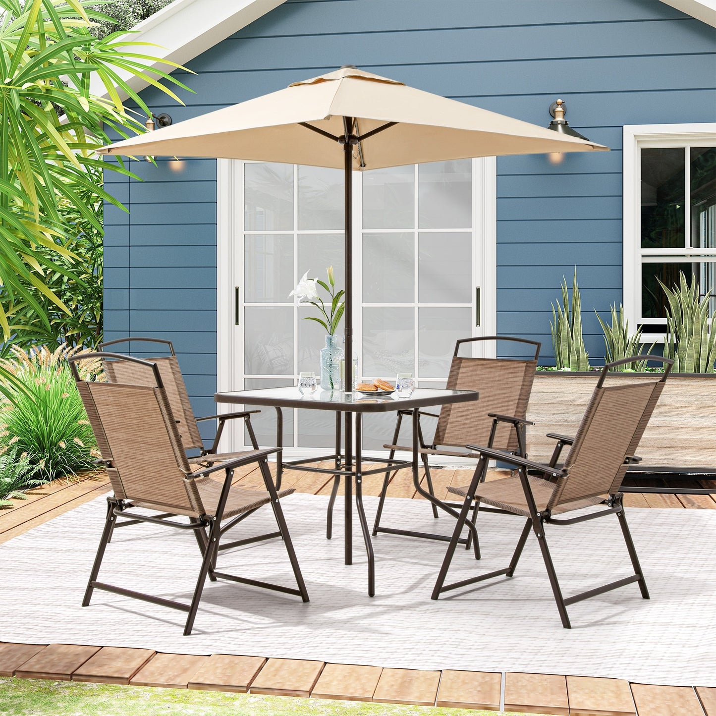 Ensemble de patio Pellebant 6 pièces avec table, parasol et 4 chaises pliantes – 22,4 l x 26,8 p x 34,4 h