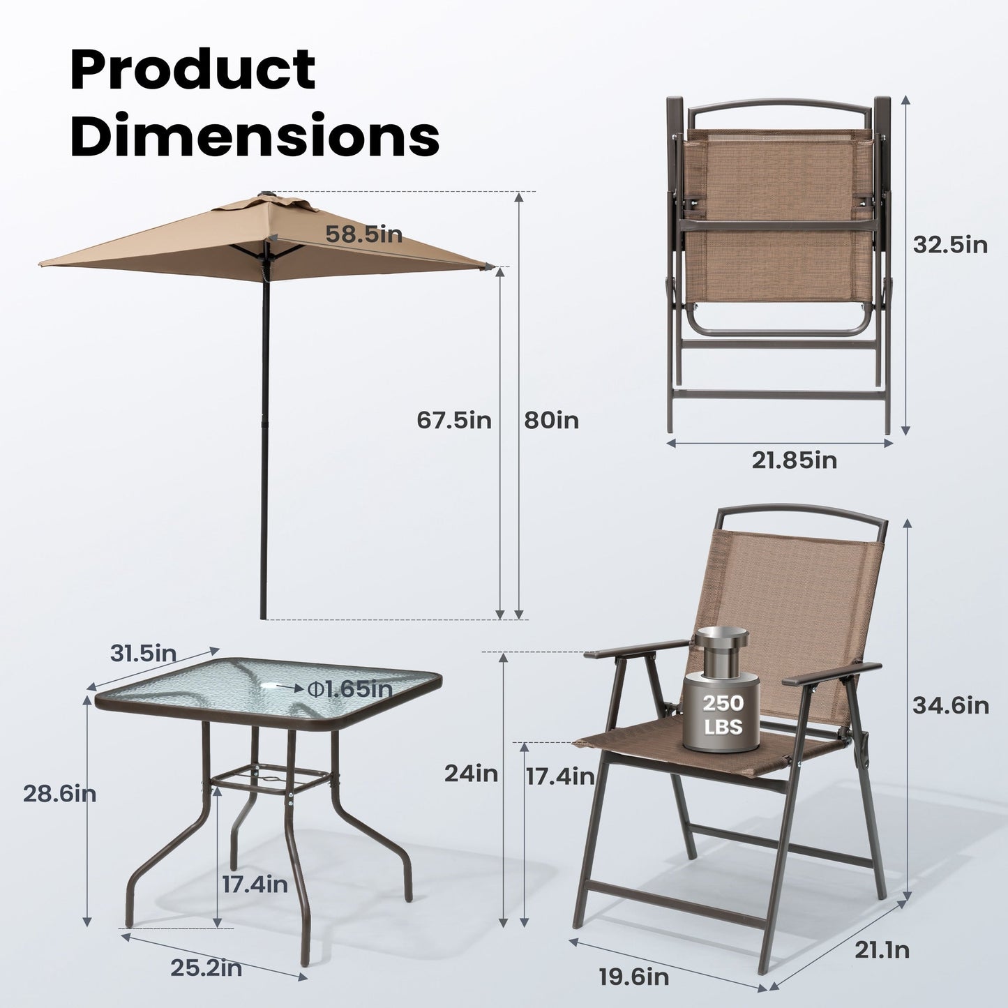 Ensemble de patio Pellebant 6 pièces avec table, parasol et 4 chaises pliantes – 22,4 l x 26,8 p x 34,4 h