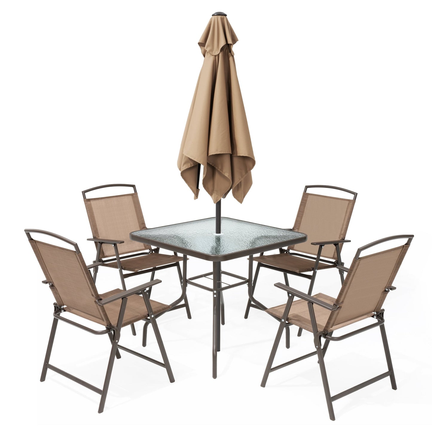 Ensemble de patio Pellebant 6 pièces avec table, parasol et 4 chaises pliantes – 22,4 l x 26,8 p x 34,4 h