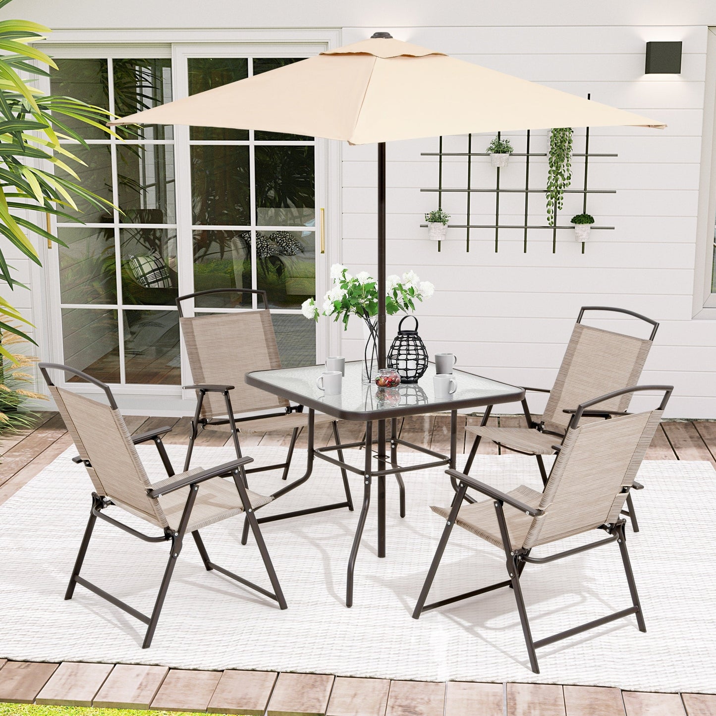 Ensemble de patio Pellebant 6 pièces avec table, parasol et 4 chaises pliantes – 22,4 l x 26,8 p x 34,4 h