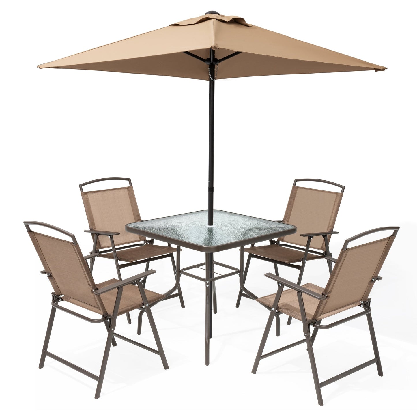 Ensemble de patio Pellebant 6 pièces avec table, parasol et 4 chaises pliantes – 22,4 l x 26,8 p x 34,4 h