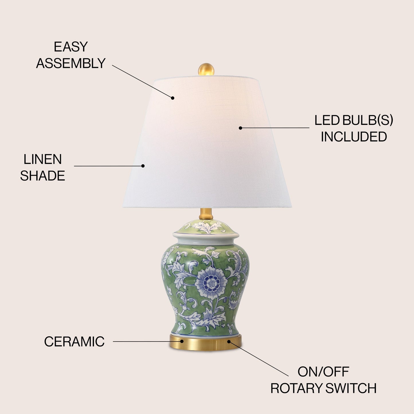 Lampe de table LED Penelope 22 Chinoiserie, bleu/blanc par JONATHAN Y