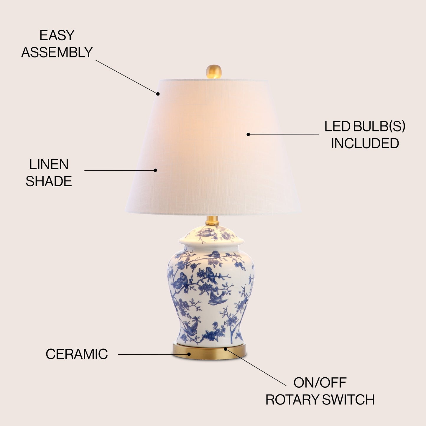 Lampe de table LED Penelope 22 Chinoiserie, bleu/blanc par JONATHAN Y