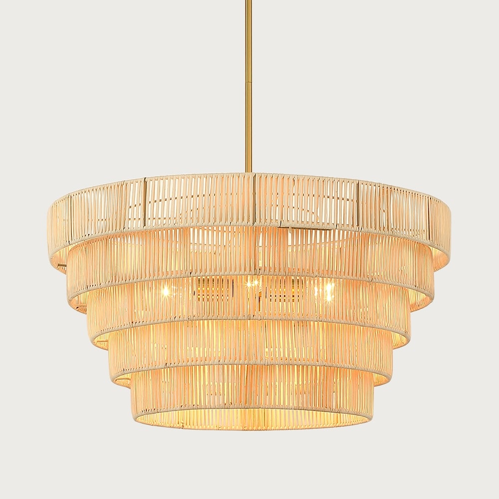 Lustre bohème moderne Piersan à 5 lumières avec abat-jour en rotin à plusieurs niveaux – 26 po de largeur