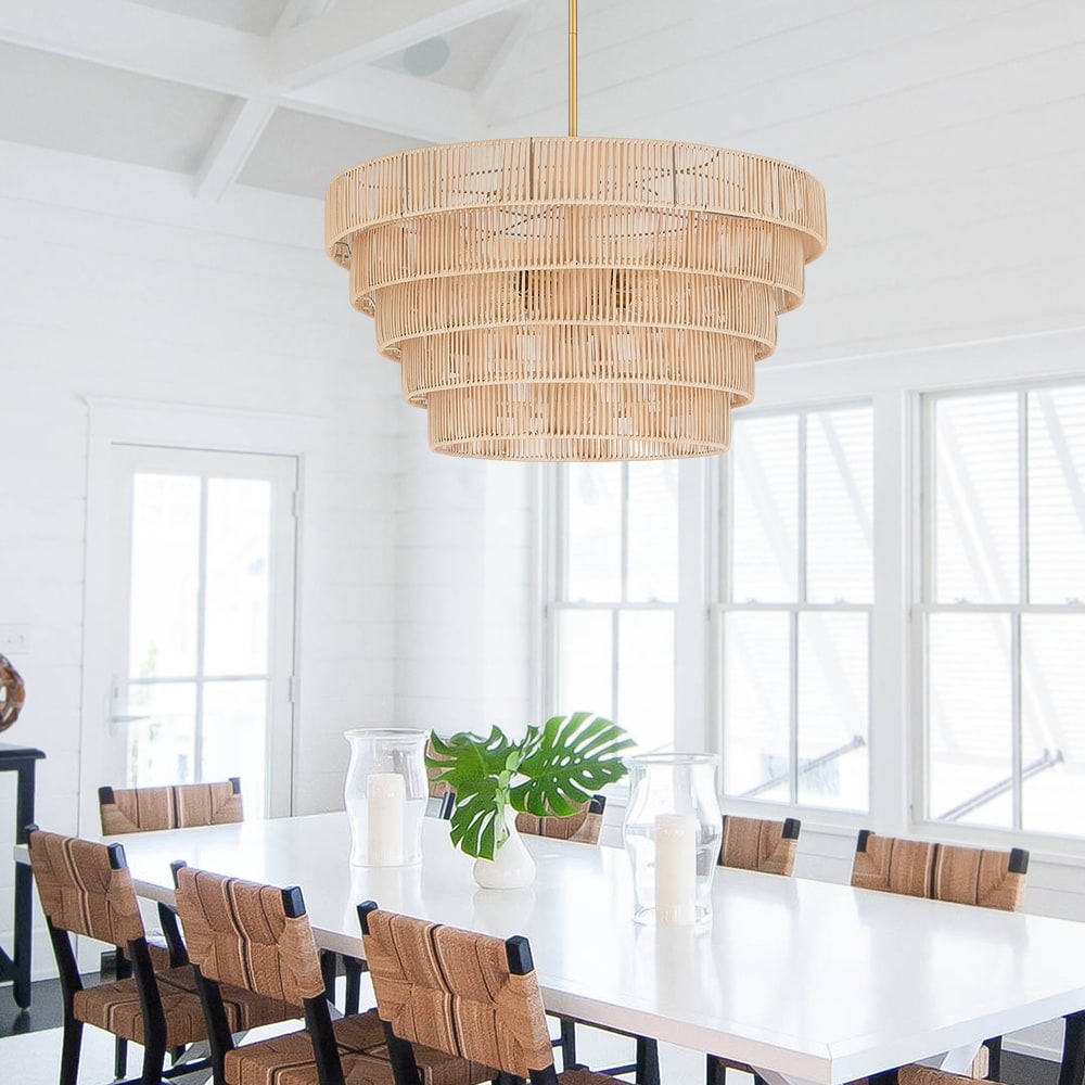 Lustre bohème moderne Piersan à 5 lumières avec abat-jour en rotin à plusieurs niveaux – 26 po de largeur