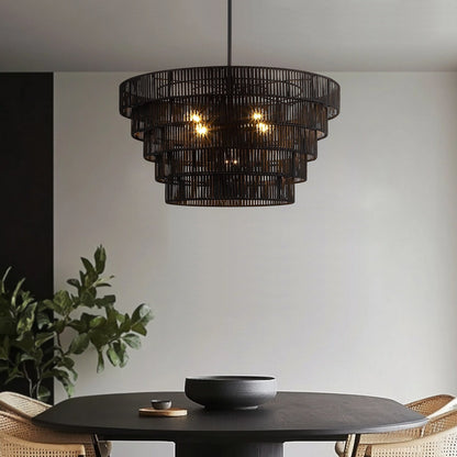 Lustre bohème moderne Piersan à 5 lumières avec abat-jour en rotin à plusieurs niveaux – 26 po de largeur
