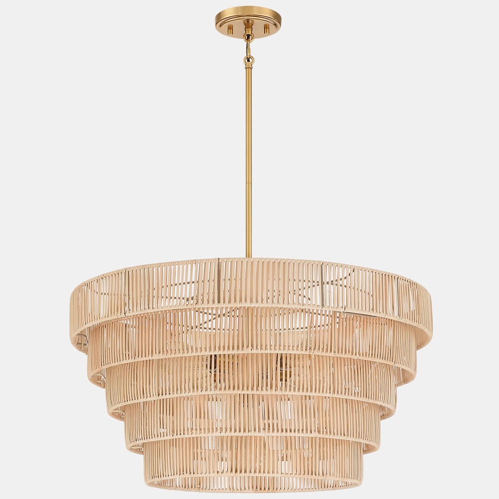 Lustre bohème moderne Piersan à 5 lumières avec abat-jour en rotin à plusieurs niveaux – 26 po de largeur