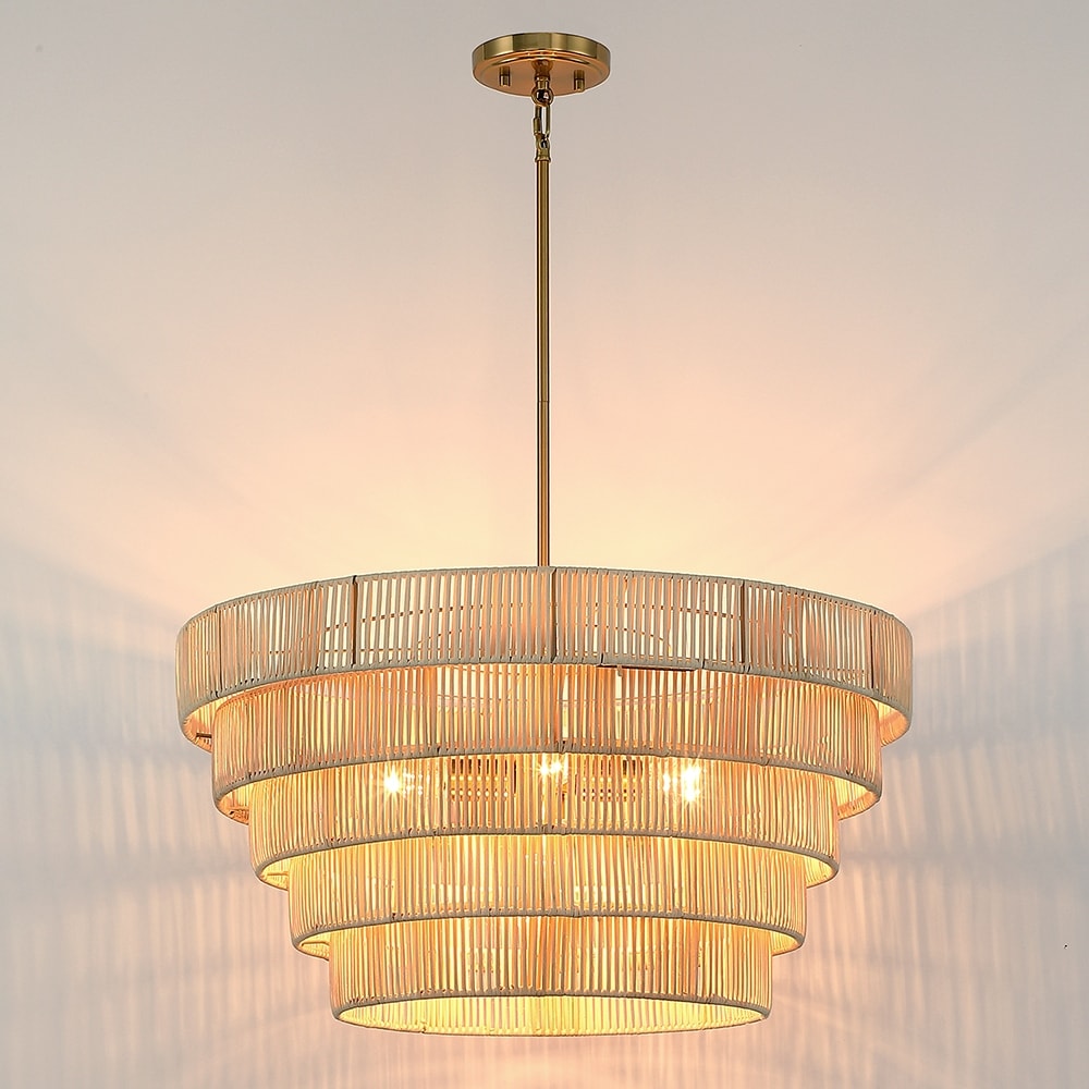 Lustre bohème moderne Piersan à 5 lumières avec abat-jour en rotin à plusieurs niveaux – 26 po de largeur