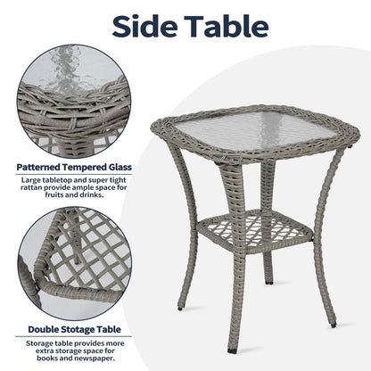 Ensemble de meubles de patio 3 pièces, ensemble bistrot pivotant d'extérieur avec chaises à bascule en osier et table basse en verre