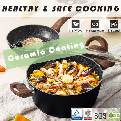 Ensemble de casseroles et poêles antiadhésives, batterie de cuisine en céramique avec motif, ustensiles de cuisine à induction avec poêles à frire, cocotte avec couvercles