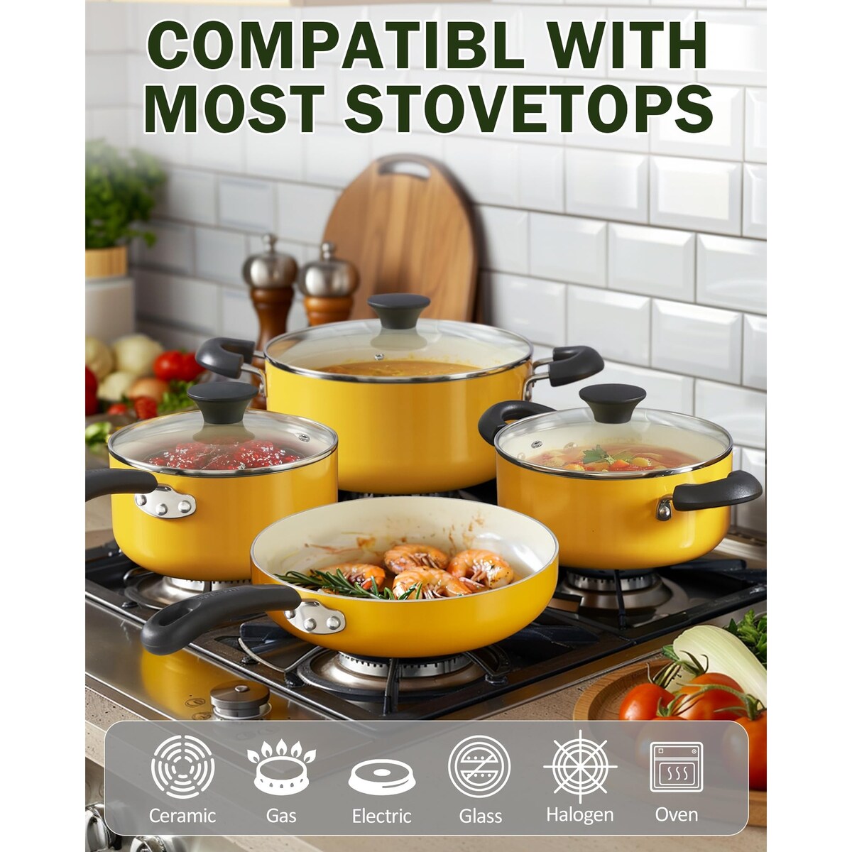 Batterie de cuisine antiadhésive en céramique, 10 pièces, avec casseroles et poêles